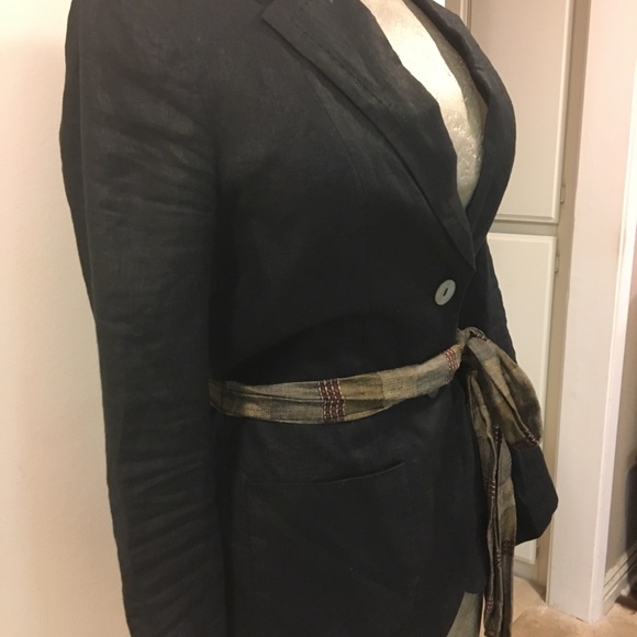 H &M black linen blazer with multi color sash tie - Picture 2 of 7